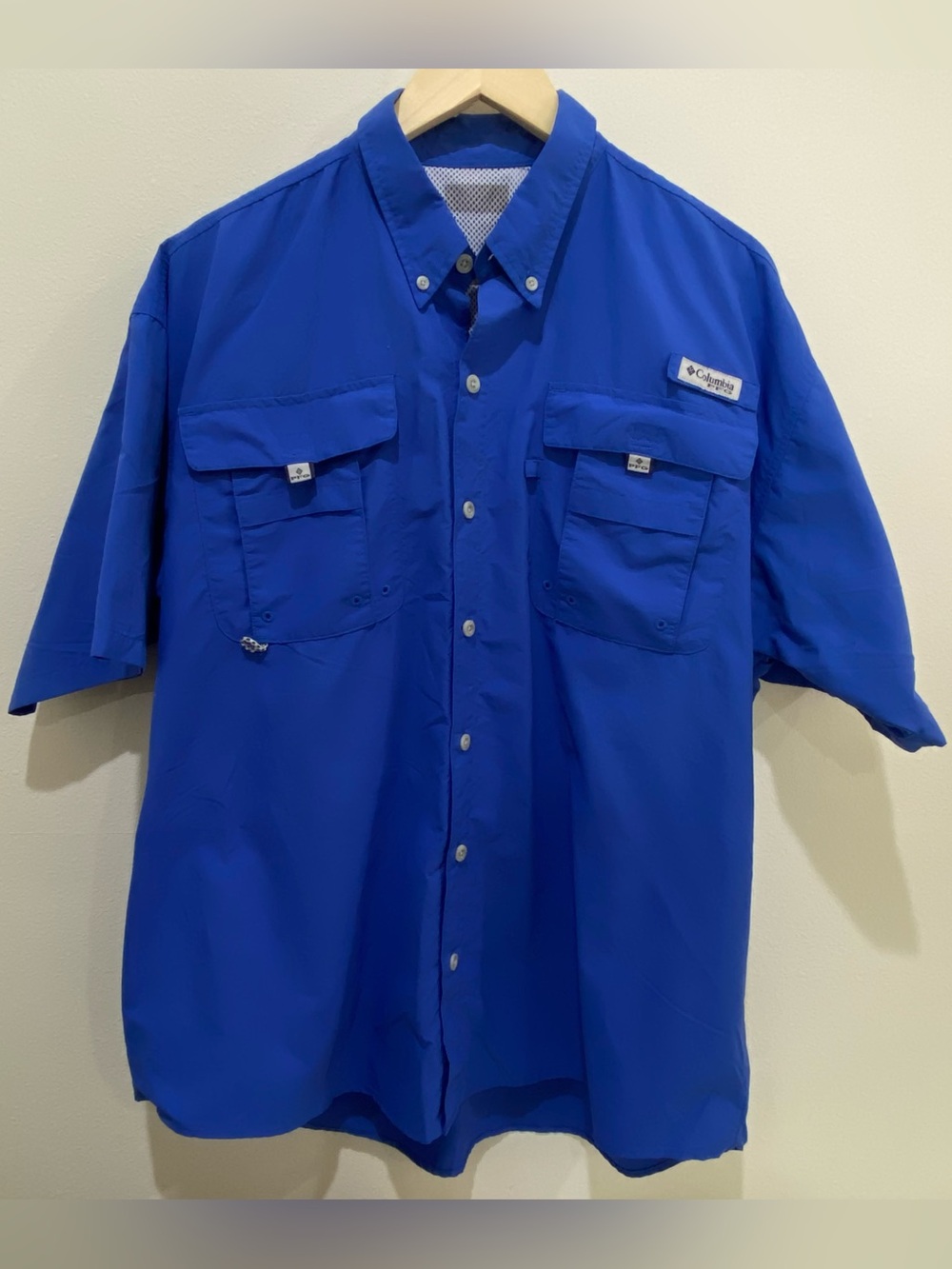 Columbia PFG Mens Large Blue Omni-Shade Short Sleeve Ventilated Fishing Shirt